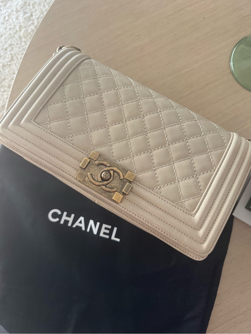 CHANEL Cream Boy Bag Medium with Antique Gold Hardware (Card and Dust Bag incl)